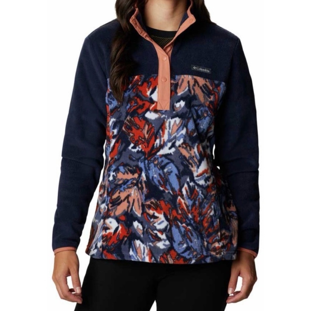 Columbia Women’s Benton Springs Half Snap Pullover Navy Coral Patterned Size Sm